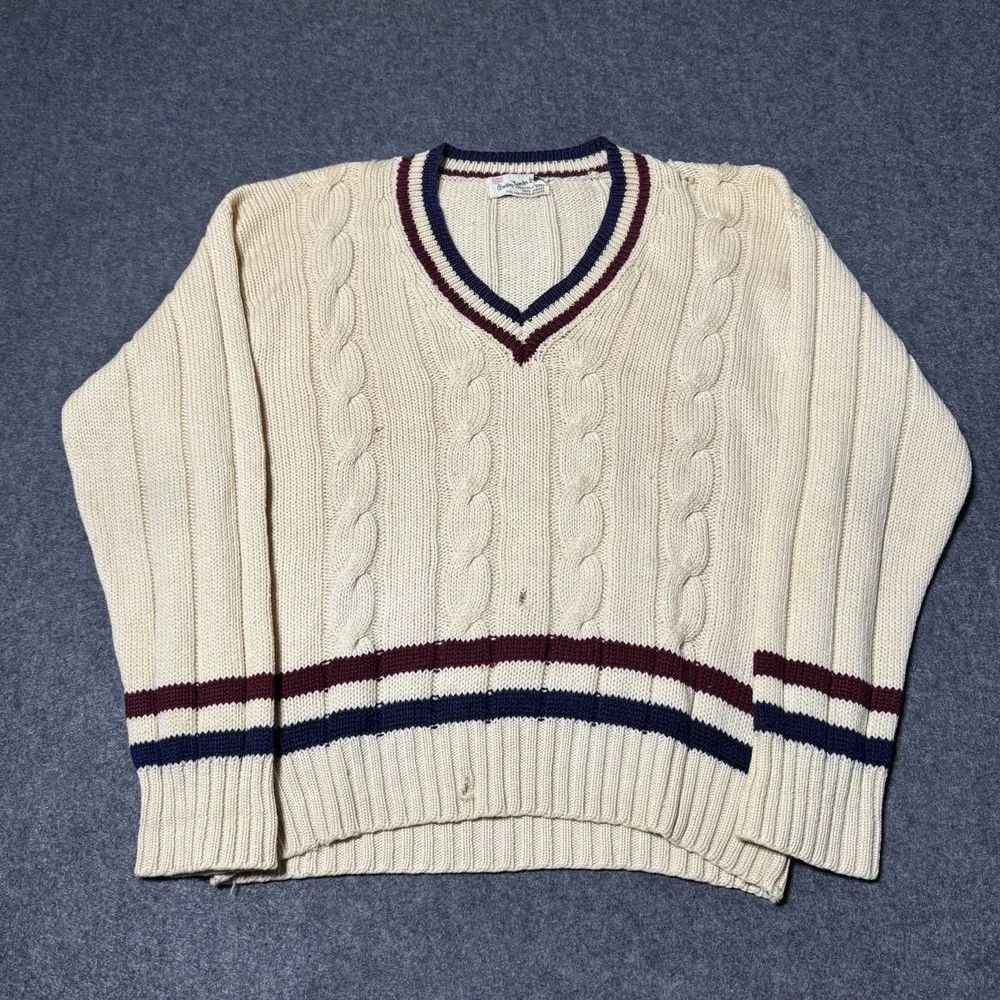 VTG 70s 80s Buckley Sweater LTD. Cable Knit V Neck Wool Knit‎ Mens L Distressed